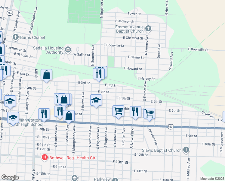 map of restaurants, bars, coffee shops, grocery stores, and more near 1319 East 4th Street in Sedalia