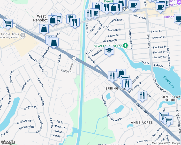 map of restaurants, bars, coffee shops, grocery stores, and more near 6 Lincoln Street in Rehoboth Beach