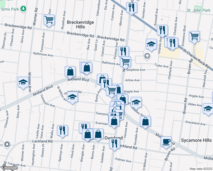 map of restaurants, bars, coffee shops, grocery stores, and more near 2719 Pasteur Avenue in Overland