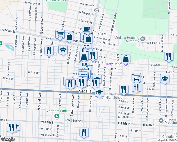 map of restaurants, bars, coffee shops, grocery stores, and more near 415 South Ohio Avenue in Sedalia