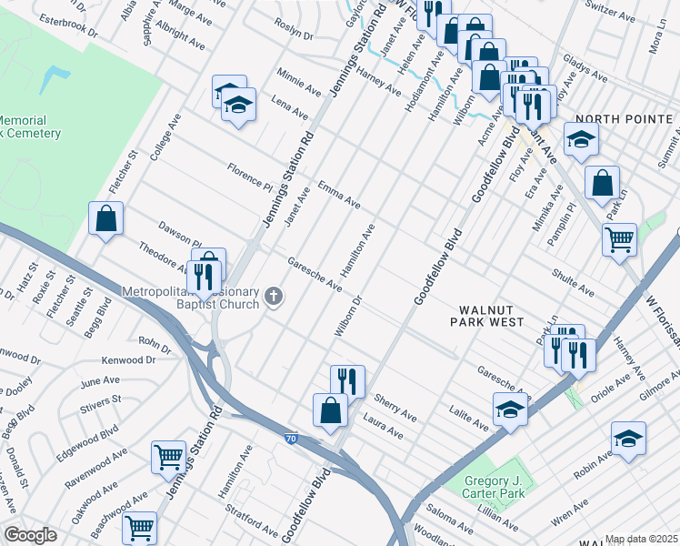 map of restaurants, bars, coffee shops, grocery stores, and more near 5411 Hamilton Avenue in Jennings