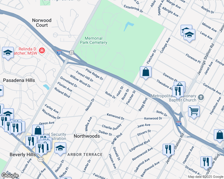 map of restaurants, bars, coffee shops, grocery stores, and more near 4718 Oakridge Boulevard in St. Louis