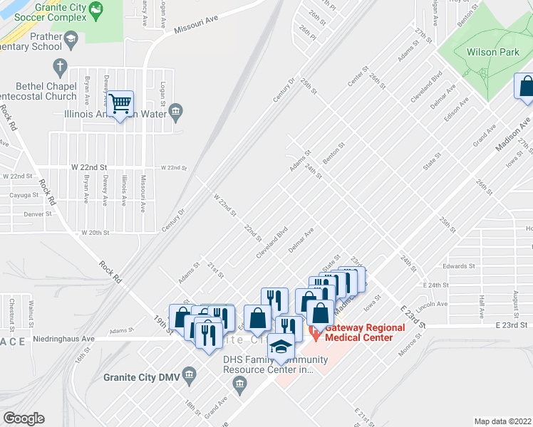 map of restaurants, bars, coffee shops, grocery stores, and more near 2231 Benton Street in Granite City