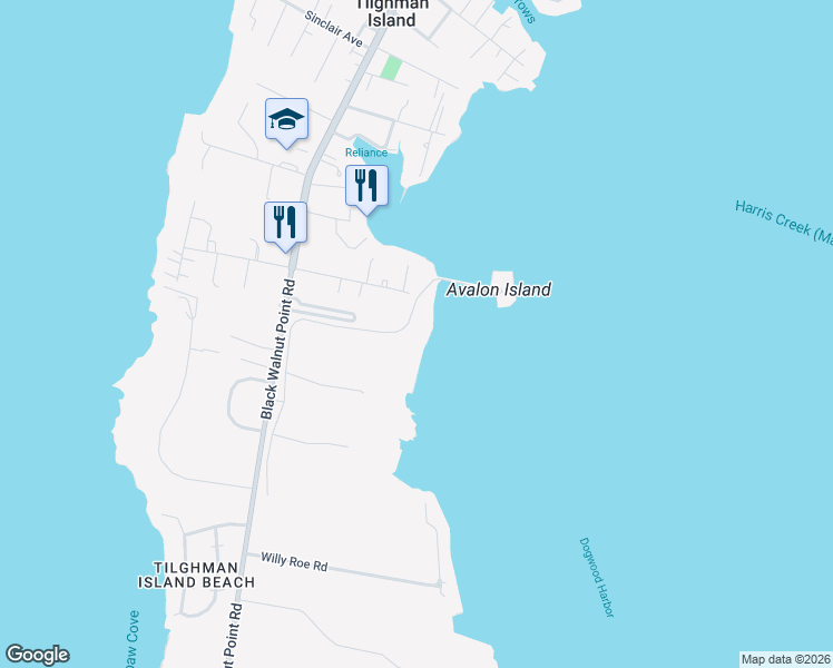 map of restaurants, bars, coffee shops, grocery stores, and more near 21501 Island Club Road in Tilghman Island