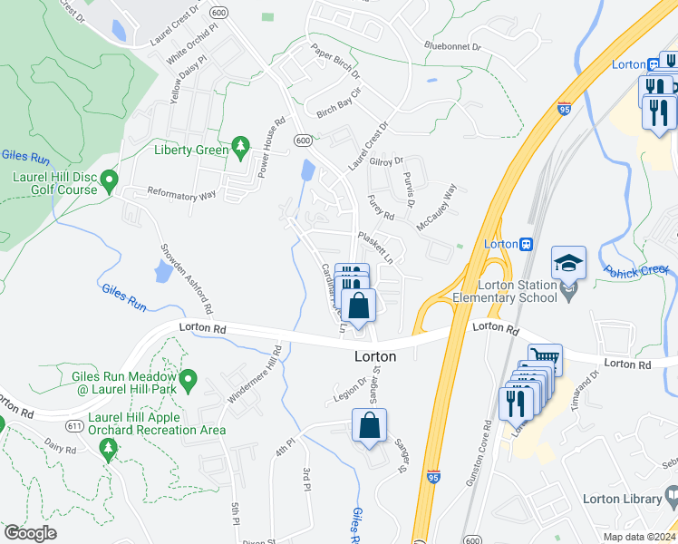 map of restaurants, bars, coffee shops, grocery stores, and more near 8210 Catbird Circle in Lorton