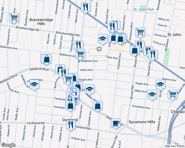 map of restaurants, bars, coffee shops, grocery stores, and more near 2711 Stella Avenue in Overland