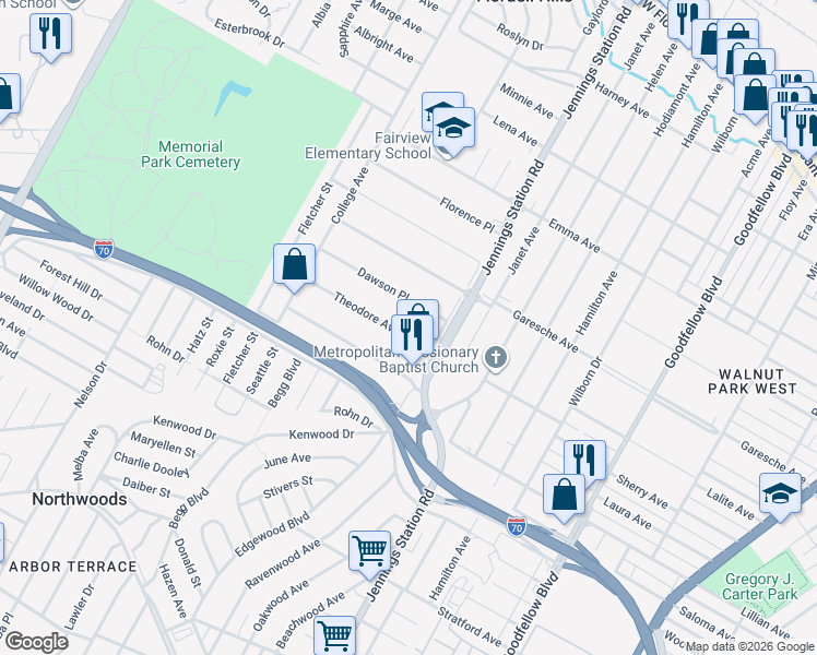 map of restaurants, bars, coffee shops, grocery stores, and more near 7023 Theodore Avenue in Jennings