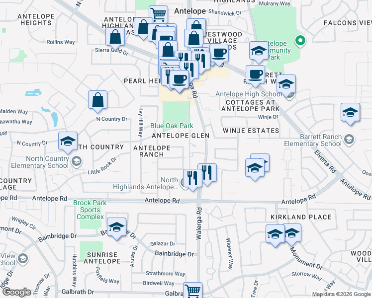 map of restaurants, bars, coffee shops, grocery stores, and more near 4312 Cougar Hills Way in Antelope