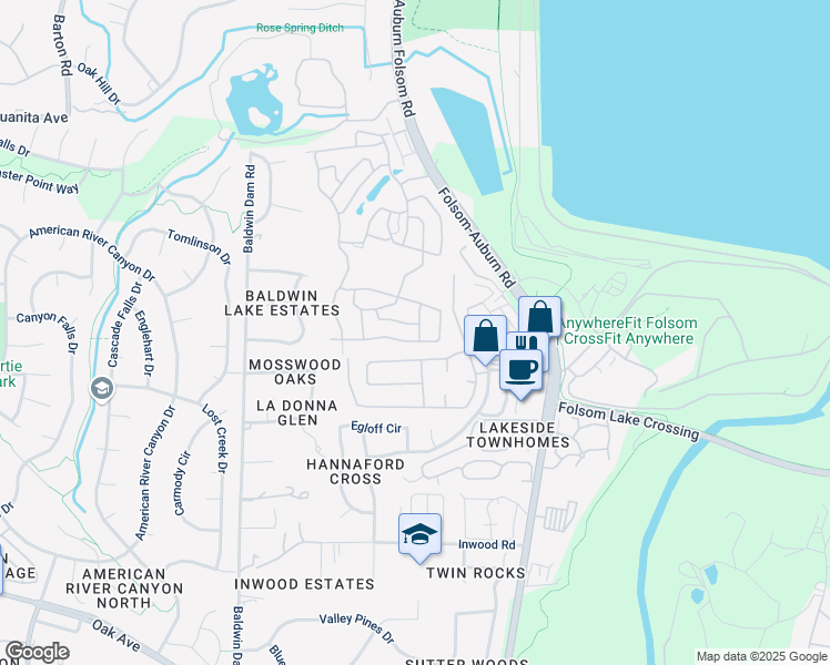 map of restaurants, bars, coffee shops, grocery stores, and more near 516 Southwood Drive in Folsom