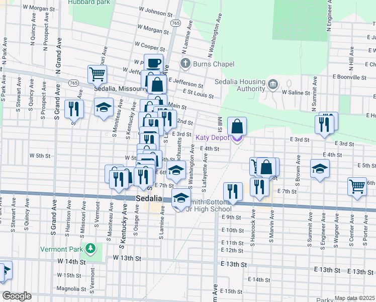 map of restaurants, bars, coffee shops, grocery stores, and more near 320 East 4th Street in Sedalia