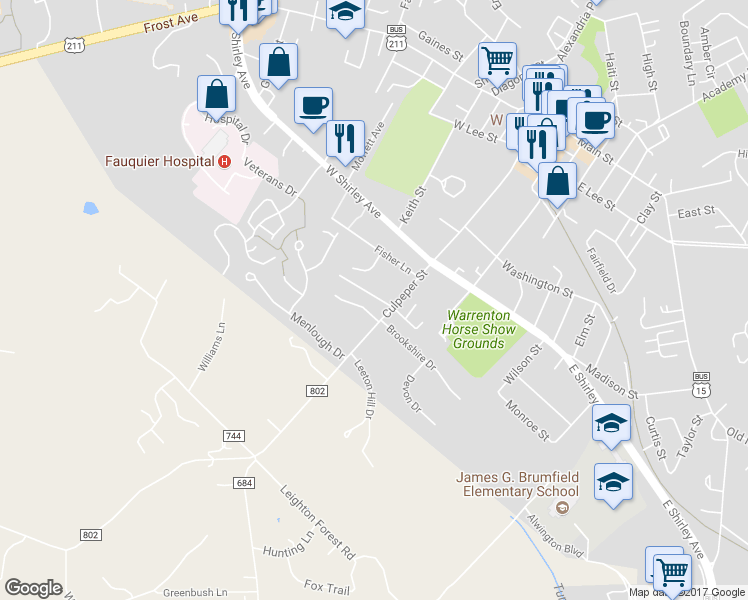 map of restaurants, bars, coffee shops, grocery stores, and more near 386 Culpeper Street in Warrenton