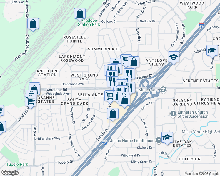 map of restaurants, bars, coffee shops, grocery stores, and more near Antelope Rd & Zenith Dr in Citrus Heights