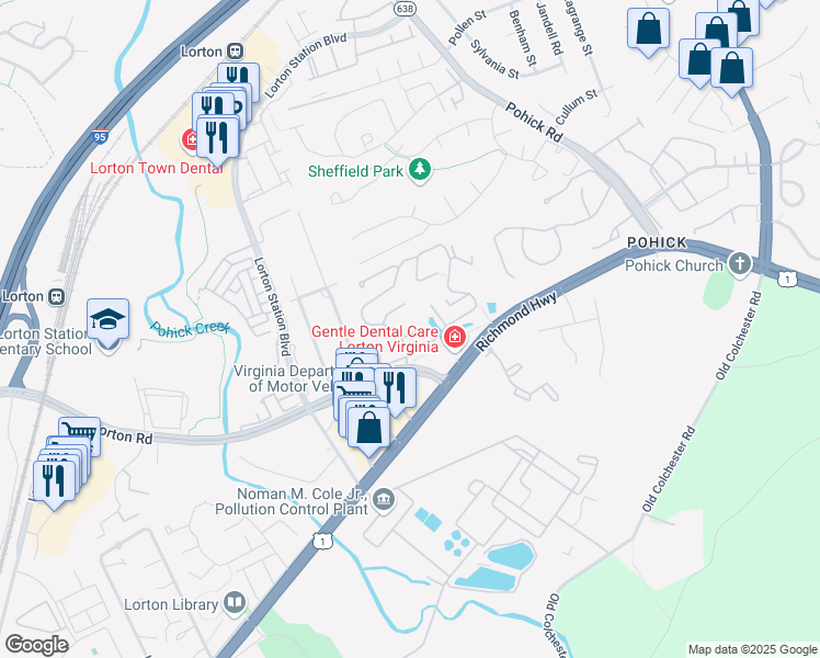 map of restaurants, bars, coffee shops, grocery stores, and more near 7652 Fairfield Woods Court in Lorton