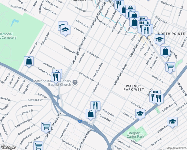map of restaurants, bars, coffee shops, grocery stores, and more near 5411 Hamilton Avenue in Jennings