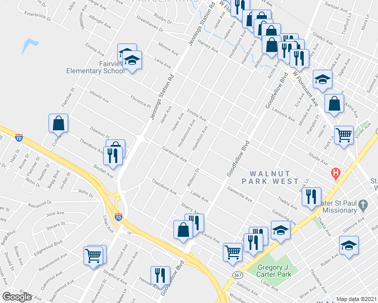 map of restaurants, bars, coffee shops, grocery stores, and more near 5415 Hamilton Avenue in Jennings