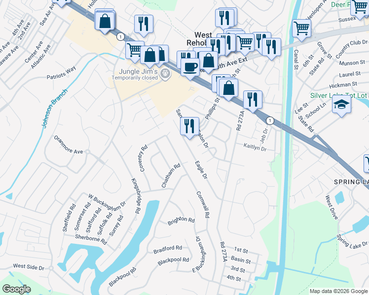 map of restaurants, bars, coffee shops, grocery stores, and more near 33 Eagle Drive in Rehoboth Beach