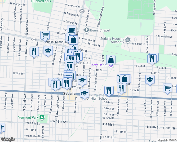 map of restaurants, bars, coffee shops, grocery stores, and more near 320 East 4th Street in Sedalia