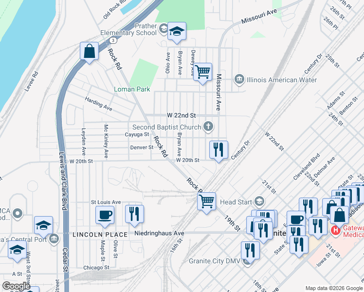 map of restaurants, bars, coffee shops, grocery stores, and more near 2026 Bryan Avenue in Granite City