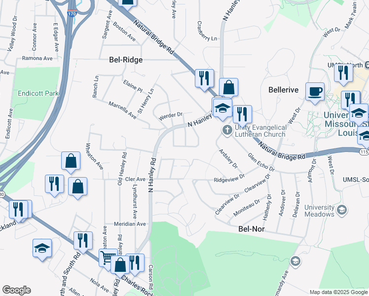 map of restaurants, bars, coffee shops, grocery stores, and more near 7538 Thelma Avenue in St. Louis