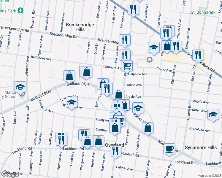 map of restaurants, bars, coffee shops, grocery stores, and more near 2719 Pasteur Avenue in Overland