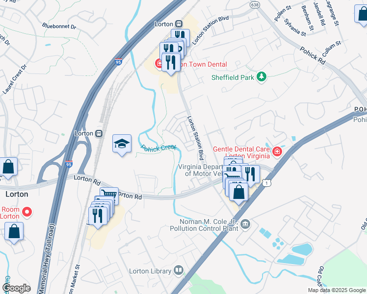map of restaurants, bars, coffee shops, grocery stores, and more near 9166 Stonegarden Drive in Lorton