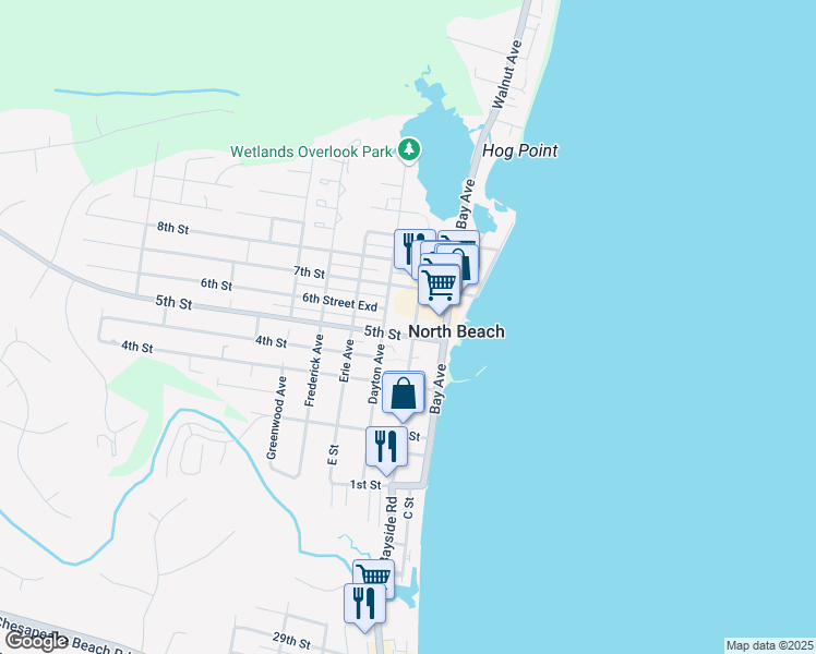 map of restaurants, bars, coffee shops, grocery stores, and more near 9104 Chesapeake Avenue in North Beach