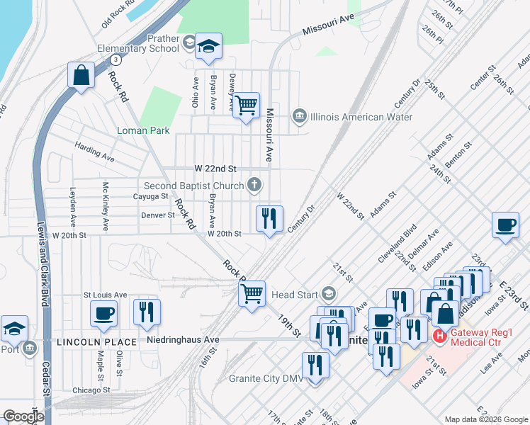 map of restaurants, bars, coffee shops, grocery stores, and more near 2027 Missouri Avenue in Granite City