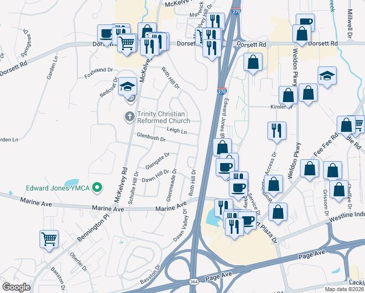 map of restaurants, bars, coffee shops, grocery stores, and more near 12422 Glenbush Drive in Maryland Heights
