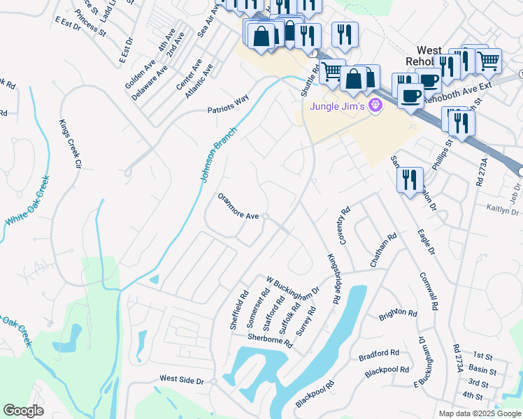 map of restaurants, bars, coffee shops, grocery stores, and more near 2 Oranmore Avenue in Rehoboth Beach