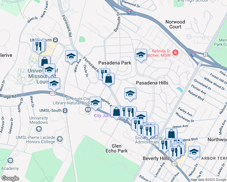 map of restaurants, bars, coffee shops, grocery stores, and more near 308 North Hills Drive in St. Louis