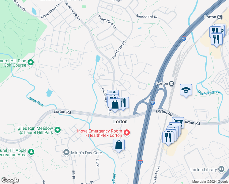 map of restaurants, bars, coffee shops, grocery stores, and more near 9230 Lorton Valley Road in Lorton