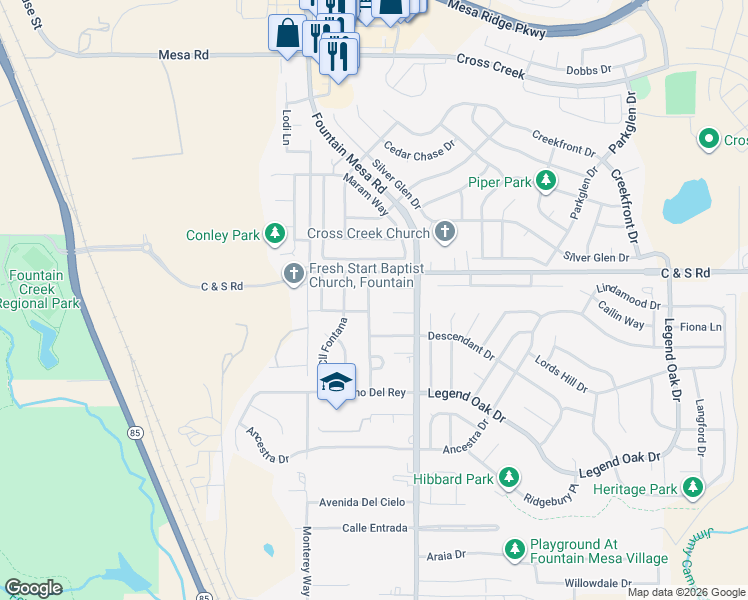map of restaurants, bars, coffee shops, grocery stores, and more near 2148 El Camino Meseta in Fountain