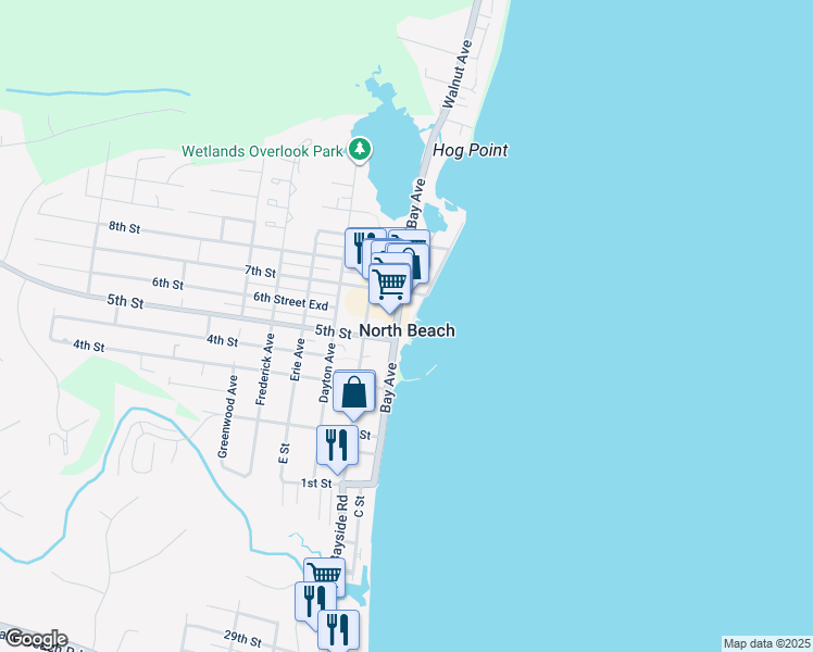 map of restaurants, bars, coffee shops, grocery stores, and more near 9113 Bay Avenue in North Beach