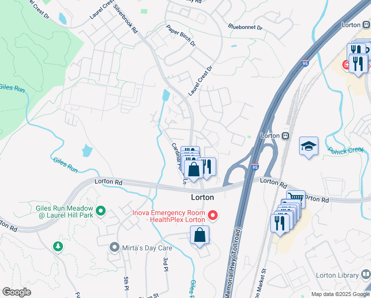 map of restaurants, bars, coffee shops, grocery stores, and more near 8210 Catbird Circle in Lorton