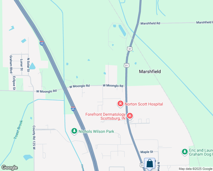 map of restaurants, bars, coffee shops, grocery stores, and more near 649 West Moonglo Road in Scottsburg