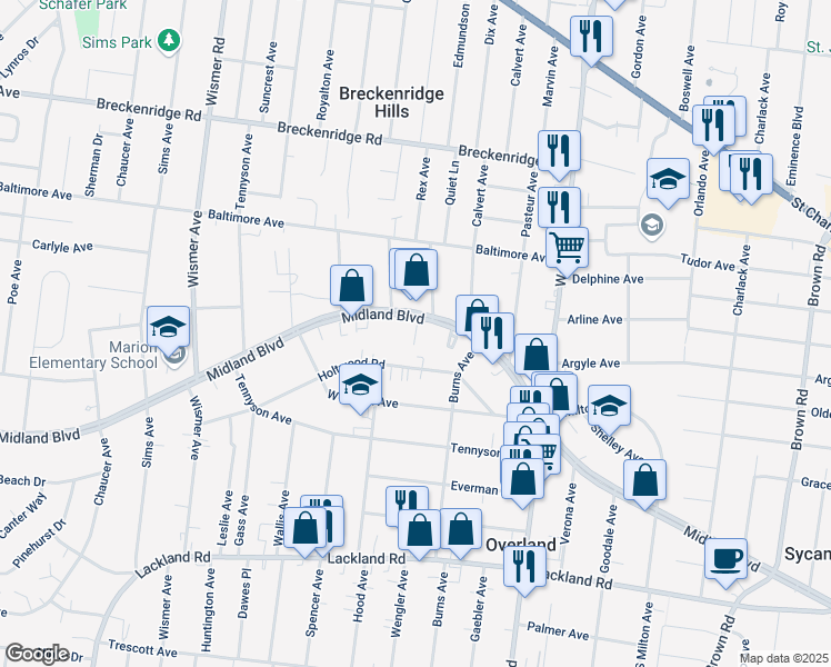 map of restaurants, bars, coffee shops, grocery stores, and more near 9528 Midland Boulevard in Overland