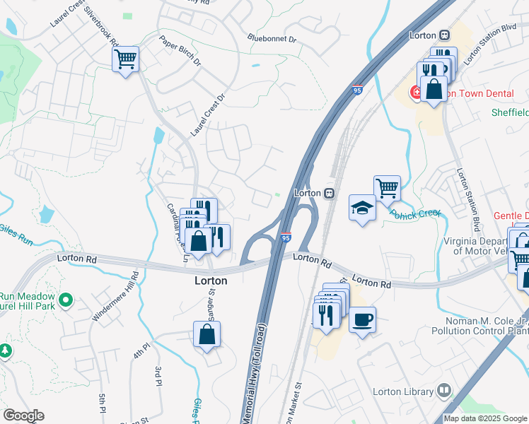 map of restaurants, bars, coffee shops, grocery stores, and more near 9159 Furey Road in Lorton