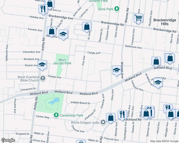 map of restaurants, bars, coffee shops, grocery stores, and more near 12 Gocke Place in St. Louis