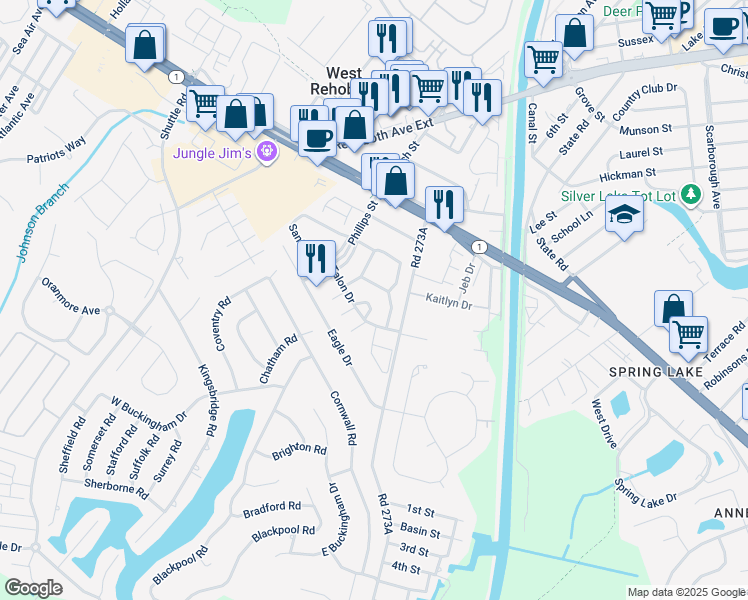 map of restaurants, bars, coffee shops, grocery stores, and more near 900 Talon Drive in Rehoboth Beach