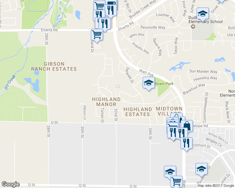 map of restaurants, bars, coffee shops, grocery stores, and more near 3213 Irvindale Way in Antelope
