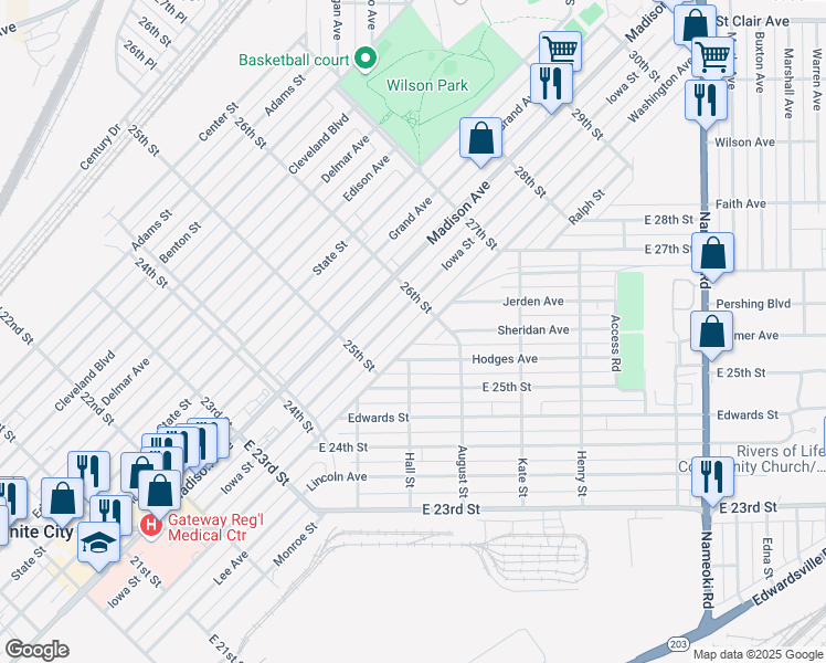 map of restaurants, bars, coffee shops, grocery stores, and more near 2557 Washington Avenue in Granite City
