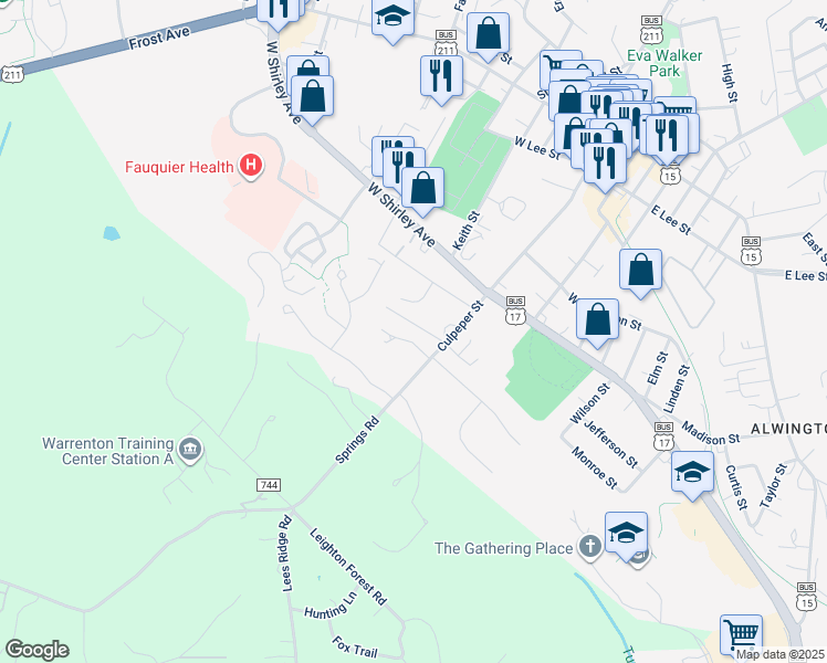 map of restaurants, bars, coffee shops, grocery stores, and more near 386 Culpeper Street in Warrenton