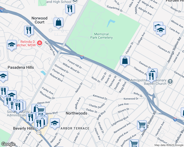 map of restaurants, bars, coffee shops, grocery stores, and more near 4711 Upshaw Street in St. Louis