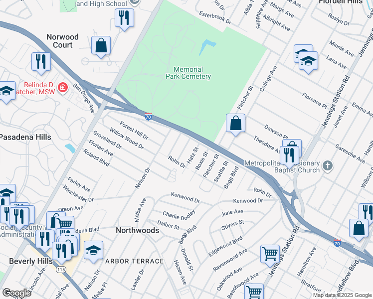 map of restaurants, bars, coffee shops, grocery stores, and more near 4718 Oakridge Boulevard in St. Louis