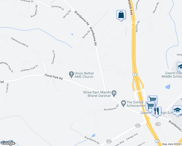 map of restaurants, bars, coffee shops, grocery stores, and more near 13221 Brandywine Road in Brandywine
