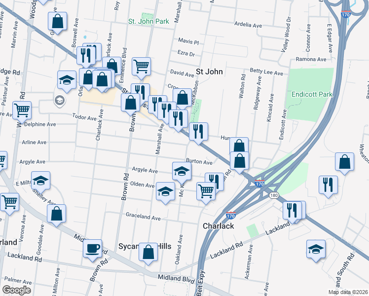 map of restaurants, bars, coffee shops, grocery stores, and more near 8700 Windom Avenue in St. Louis