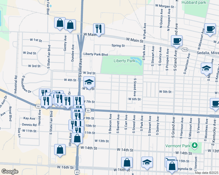map of restaurants, bars, coffee shops, grocery stores, and more near 1620 West 5th Street in Sedalia