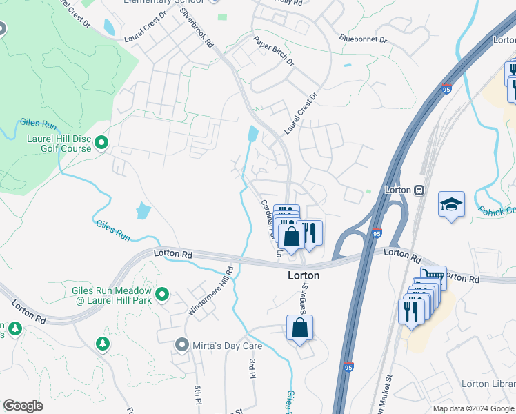 map of restaurants, bars, coffee shops, grocery stores, and more near 9244 Cardinal Forest Lane in Lorton
