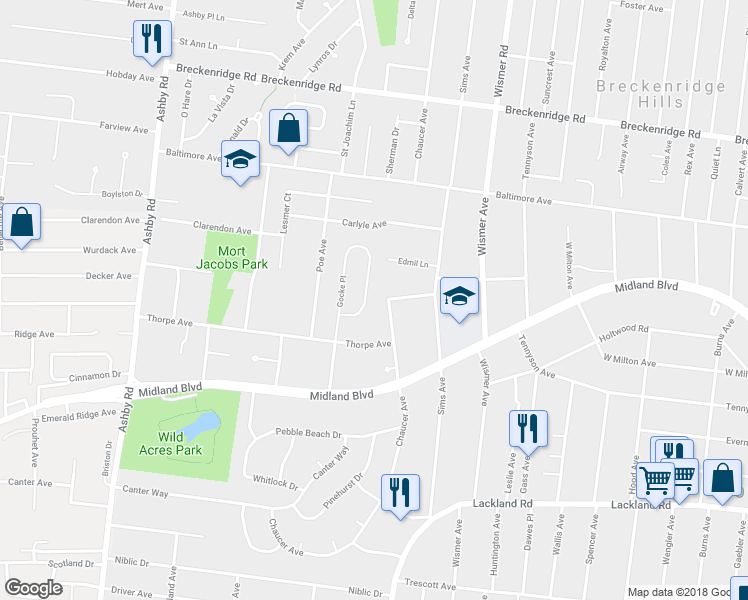 map of restaurants, bars, coffee shops, grocery stores, and more near 66 Gocke Place in Overland