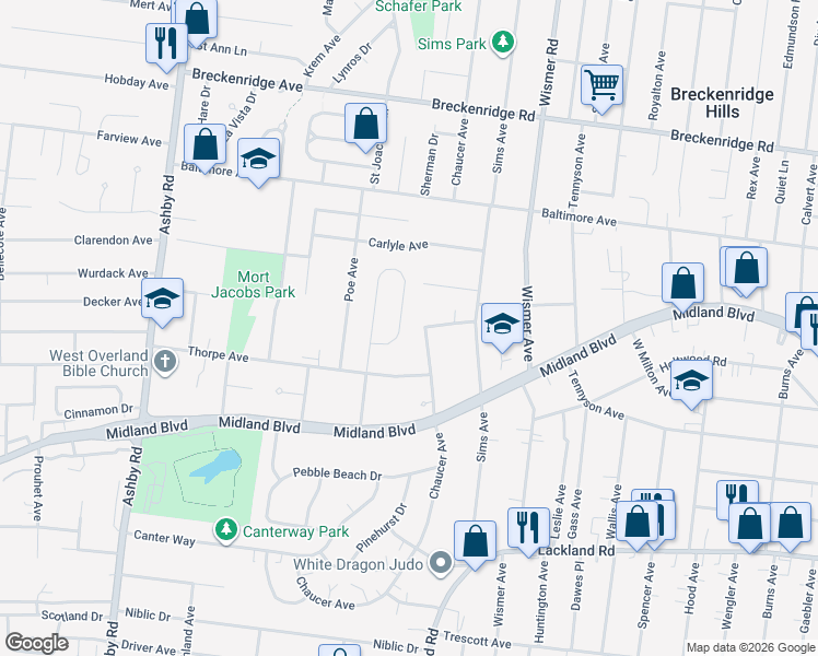 map of restaurants, bars, coffee shops, grocery stores, and more near 66 Gocke Place in Overland